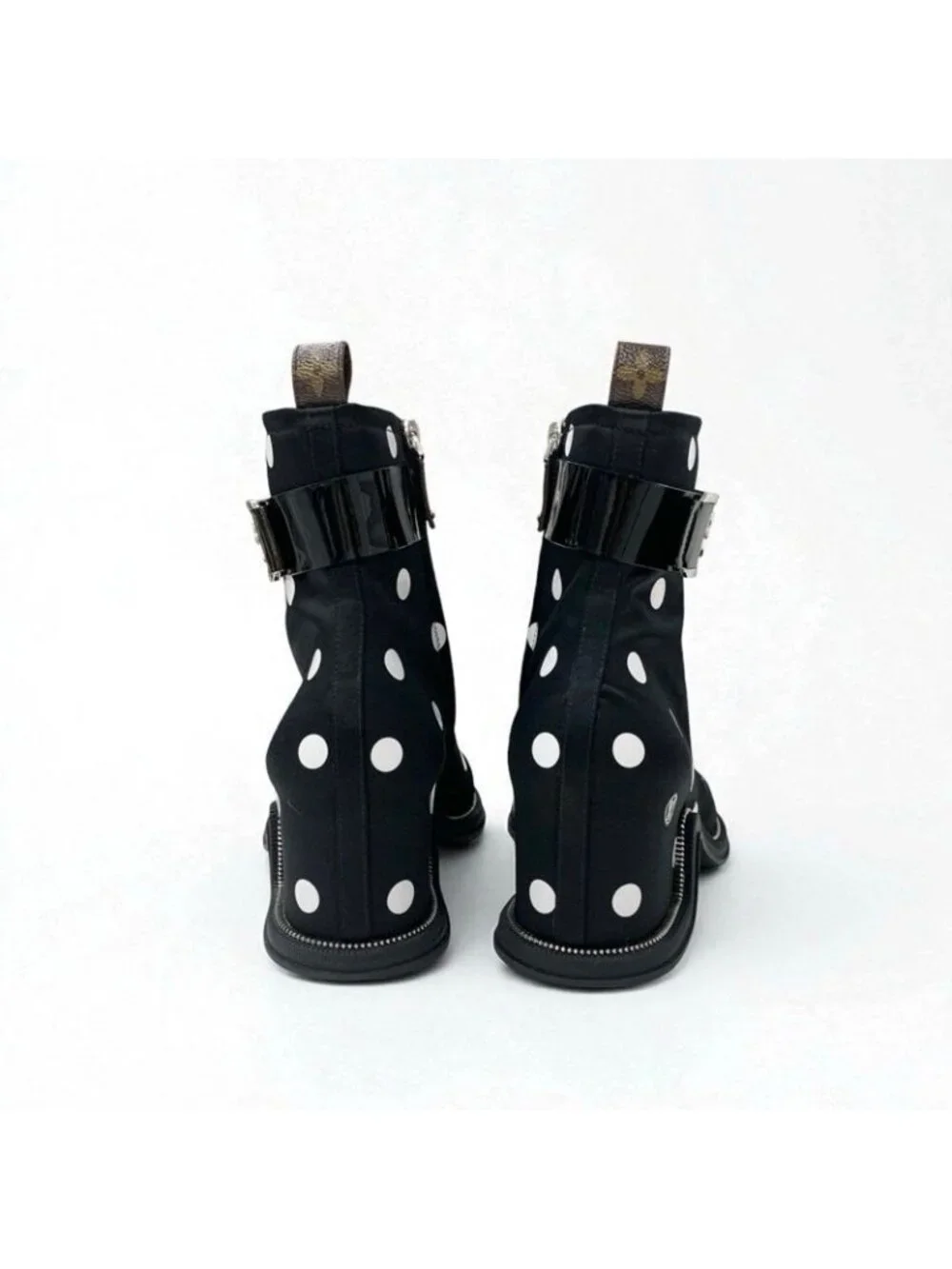 Louis Vuitton Moonlight Line Boots Short Shoes Satin Black White Dot Belt - Picture 5 of 10